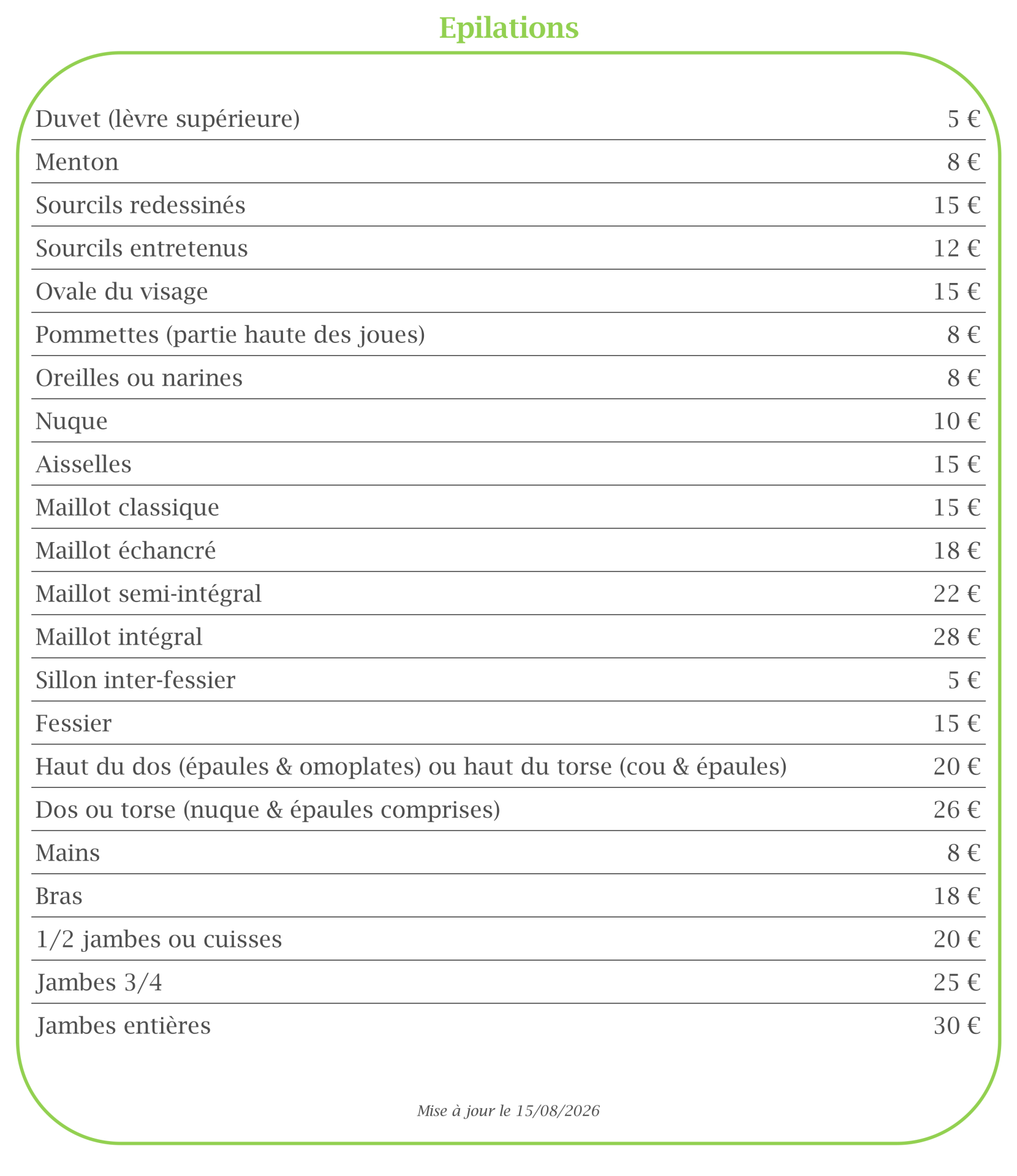 Tarifs epilations 15082026