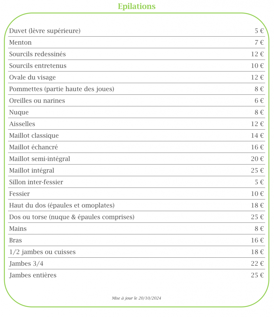 Tarifs epilations 20102026