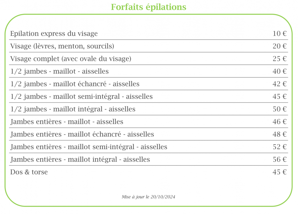 Tarifs forfaits epilations 20102024