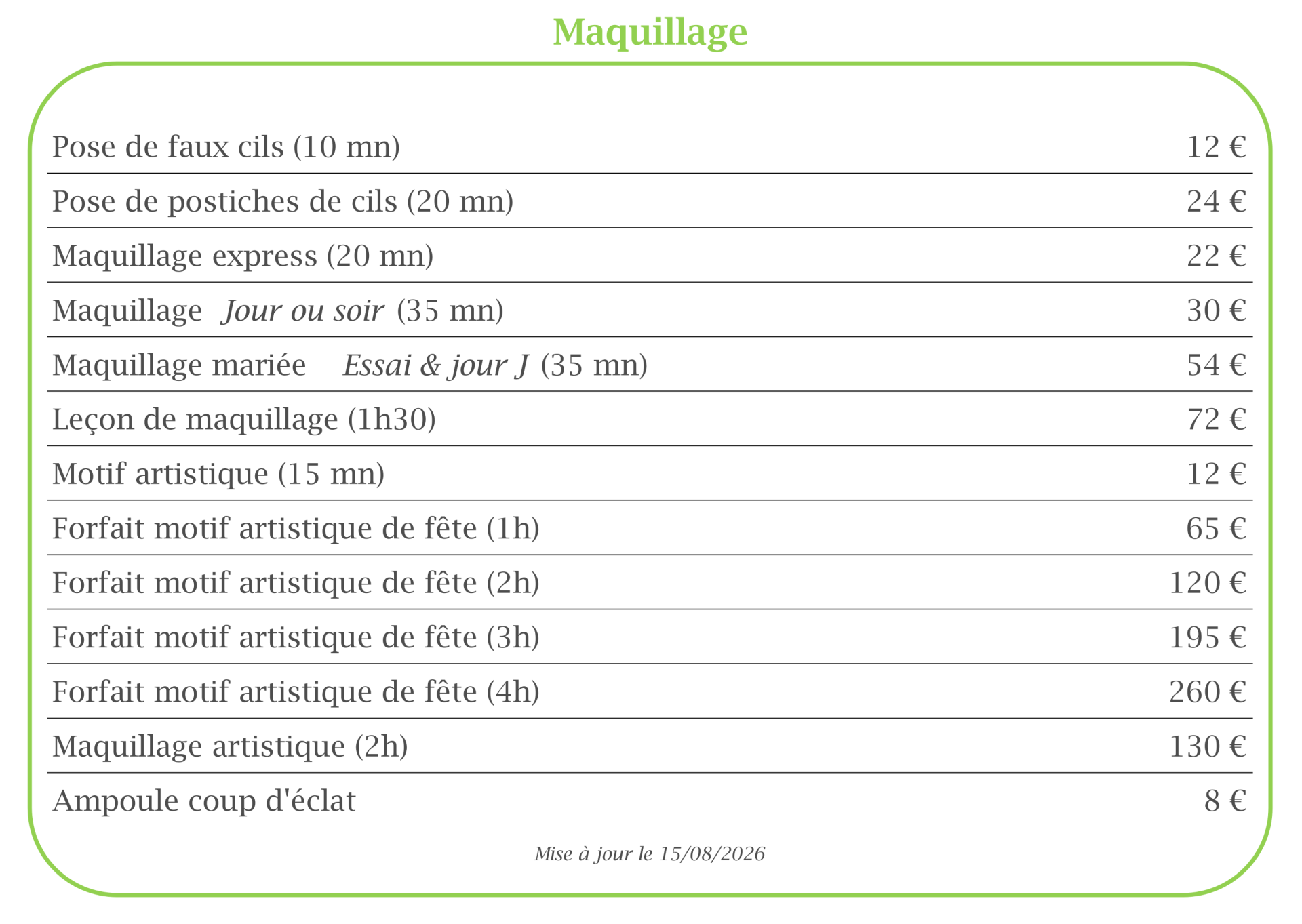 Tarifs maquillage 15082026