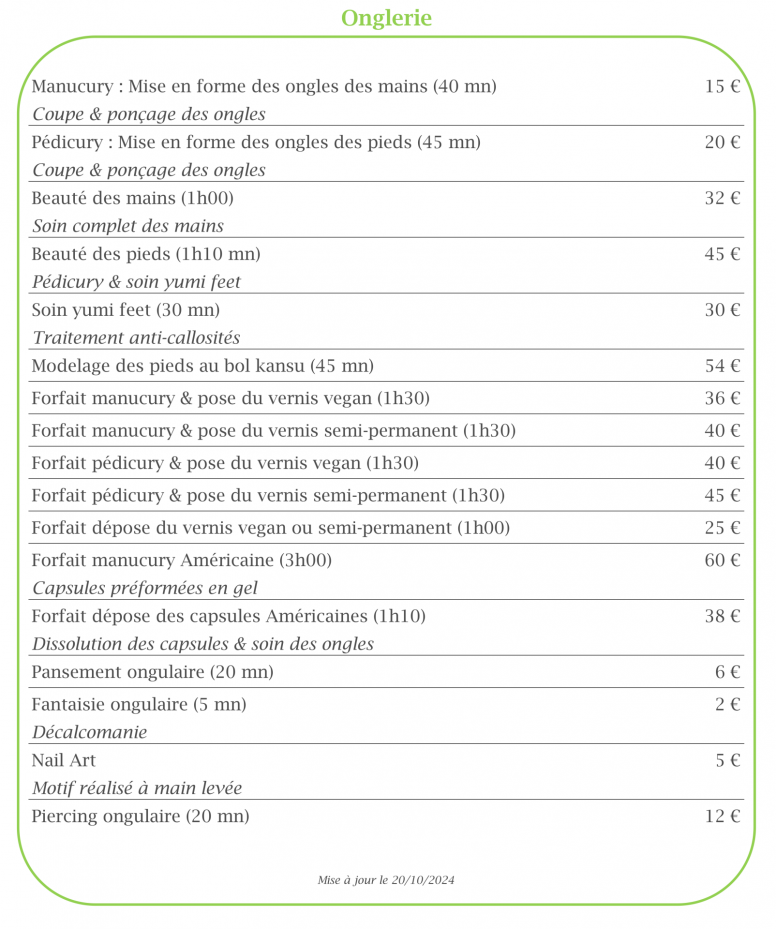 Tarifs onglerie 20102024