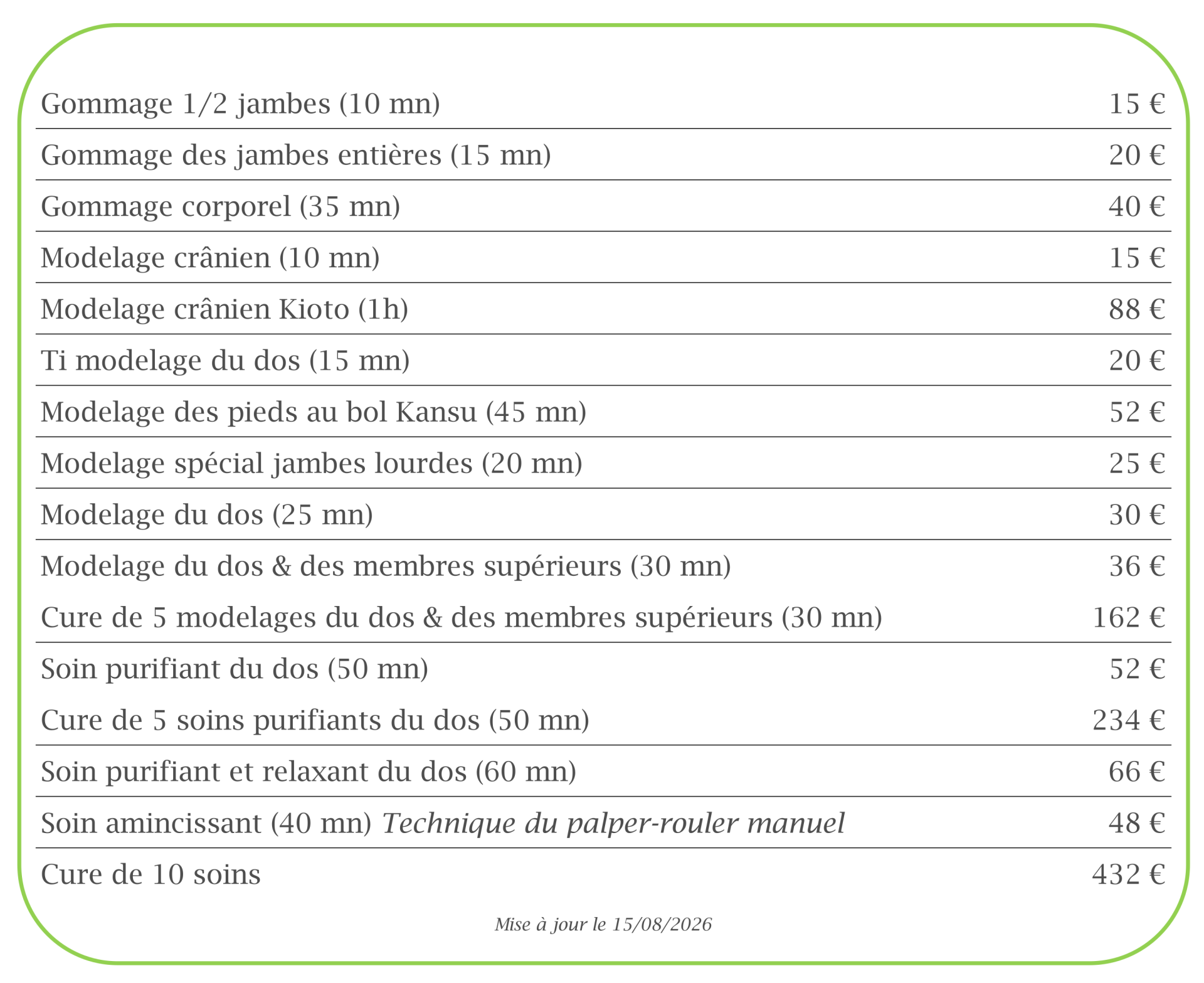 Tarifs soin corps 2 15082026